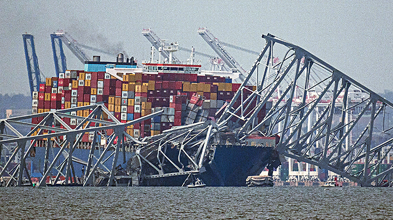 Dali ship at the ruins of Francis Scott Key Bridge outside Baltimore, Maryland