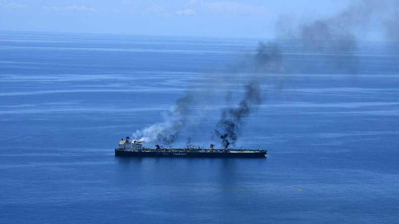 Sounion tanker at sea with black smoke from deck and wheelhouse