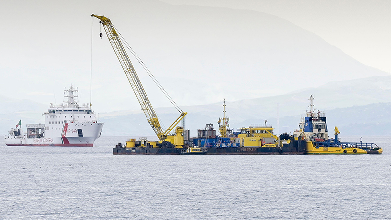 Dutch crane ship Hebo Lift in bay of Porticello, Sicily, for ship salvage of Bayesian superyacht