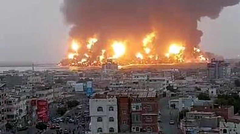 Hodeidah port on fire on 29 Sep 2024 after Israeli air strikes on Yemen’s Red Sea port