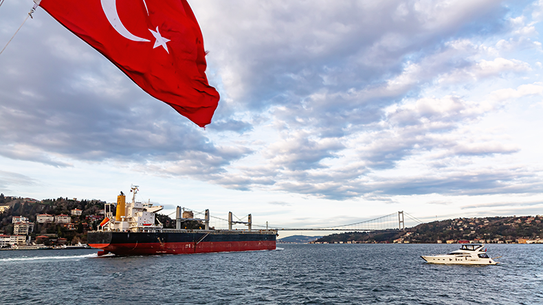 Bulker vessel passes through the Bosporus Strait in Turkey